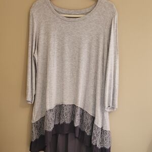 LOGO by Lori Goldstein Light Gray Tunic with Lace Hem